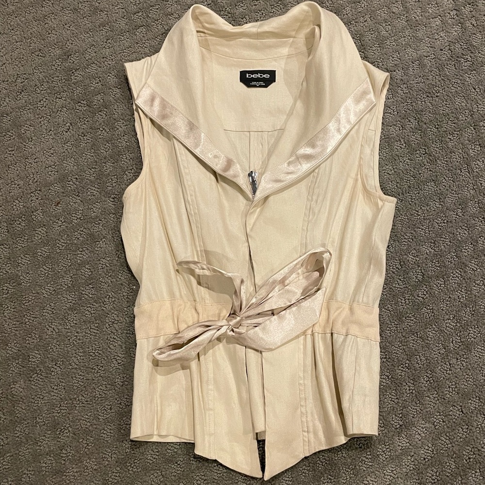 Bebe Linen Vest with half zip and satin belt tie